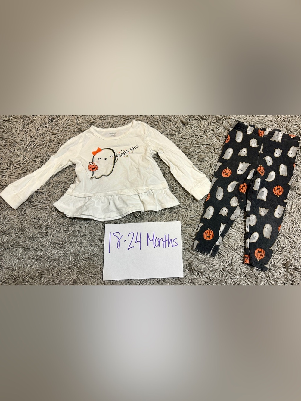 Carter's White Ghost Peplum Long Sleeve Top with Orange Pumpkin Accent